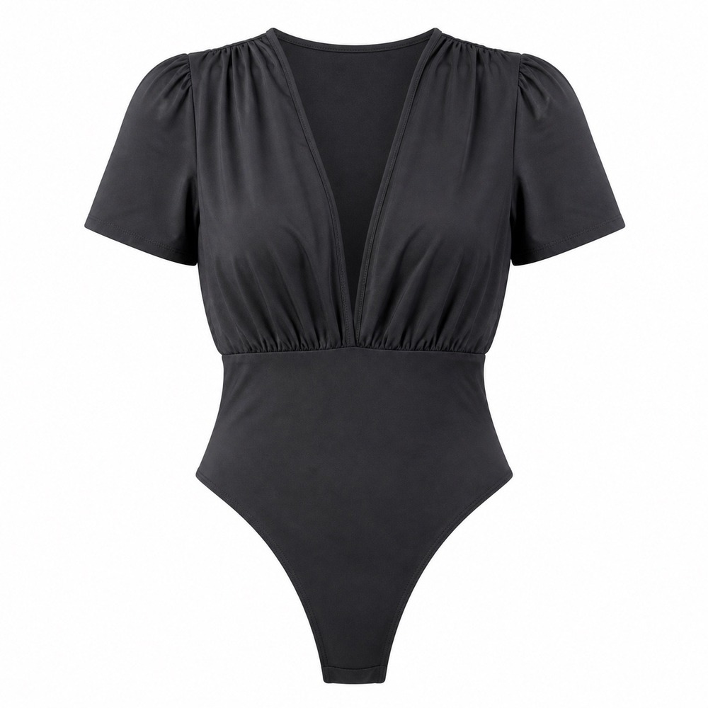 Deep V Neck Puff Short Sleeve Thong Bodysuit women Large whimsigoth bodycon edgy